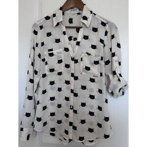 Express White Shirt Small Button Up Black Kitty Cat Mom